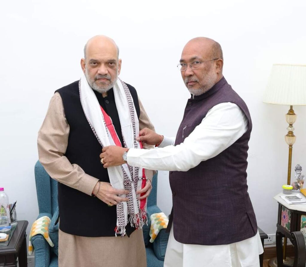 Amit Shah talks with the chief minister of Manipur during recent unrest in the state.